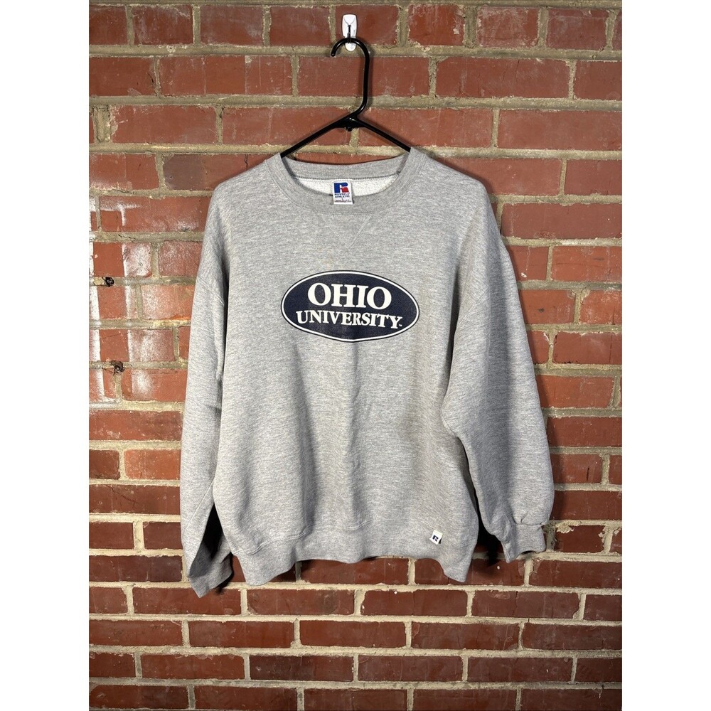 Vintage 90s Russell Athletic Ohio University College Sweater Grey USA Made Sz L